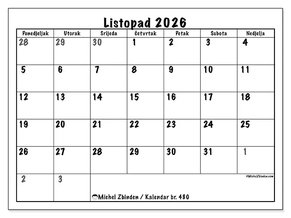 Kalendar listopad 2026 za ispis - Potpuno planiranje
