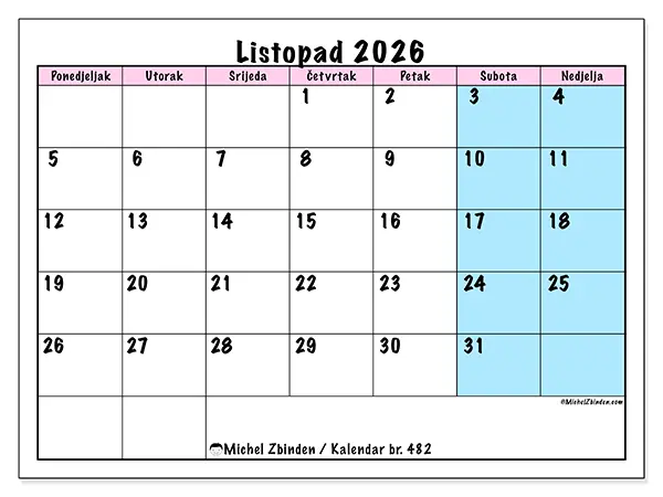 Kalendar listopad 2026 za ispis - Raspored tima