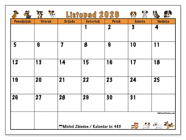 Kalendar listopad 2026 za ispis - Entuzijastični psi