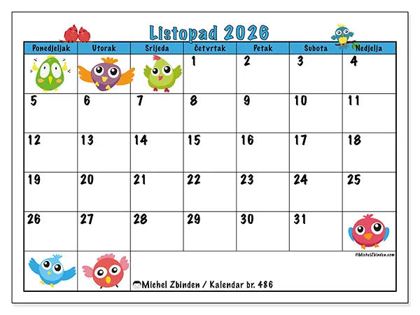 Kalendar listopad 2026 za ispis - Zabavne ptice