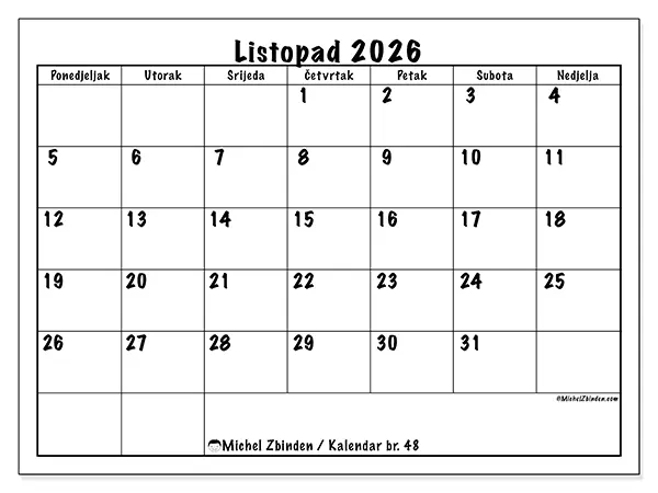 Kalendar listopad 2026 za ispis - Dnevni planovi