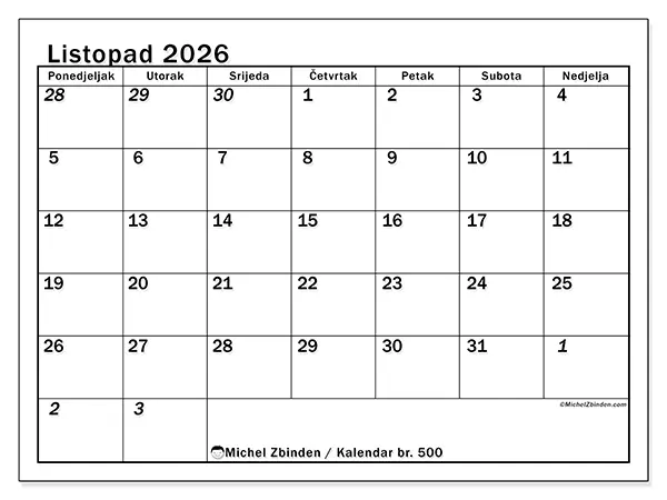 Kalendar listopad 2026 za ispis - Intenzivno planiranje