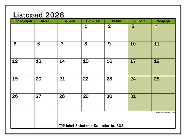 Kalendar listopad 2026 za ispis - Prirodne boje