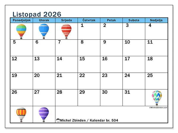 Kalendar listopad 2026 za ispis - Baloni na vrući zrak