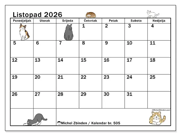 Kalendar listopad 2026 za ispis - Život mačke