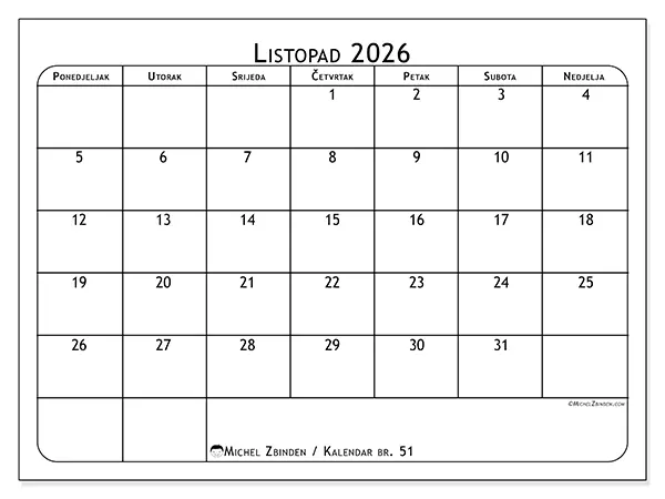 Kalendar listopad 2026 za ispis - Planer obroka