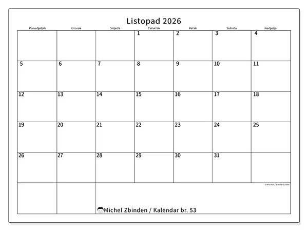 Kalendar listopad 2026 za ispis - Jasan raspored
