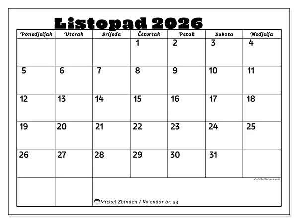Kalendar listopad 2026 za ispis - Obiteljske aktivnosti