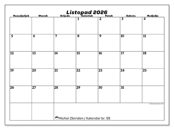 Kalendar listopad 2026 za ispis - Slobodno vrijeme