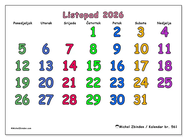 Kalendar listopad 2026 za ispis - Kreativni trenuci