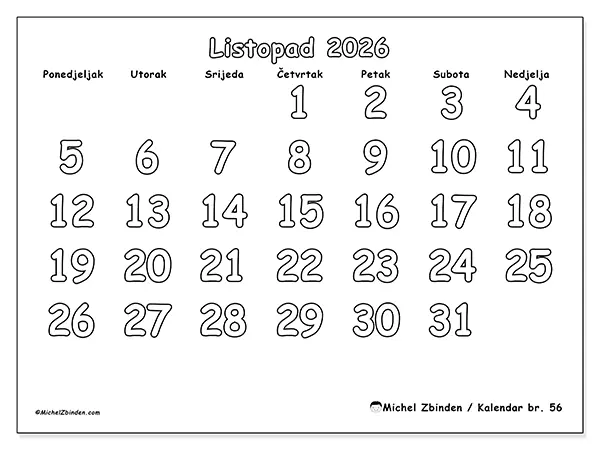 Kalendar listopad 2026 za ispis - Korisno bojanje