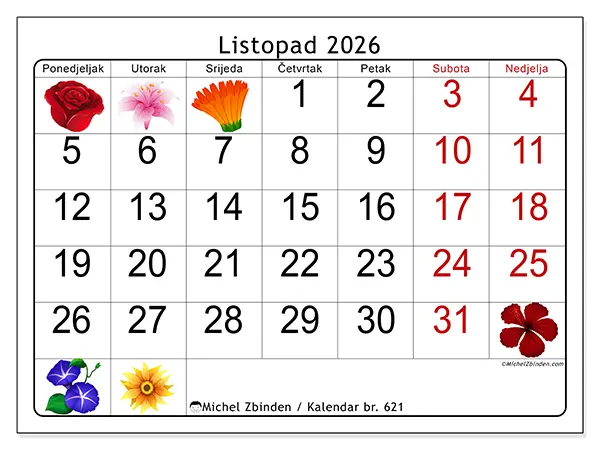Kalendar listopad 2026 za ispis - Veliko cvijeće