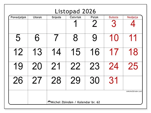 Kalendar listopad 2026 za ispis - Brzi pregled