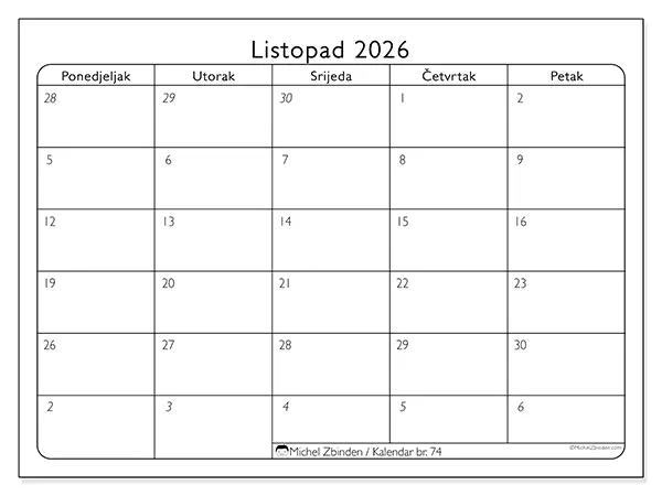 Kalendar listopad 2026 za ispis - Radni dani