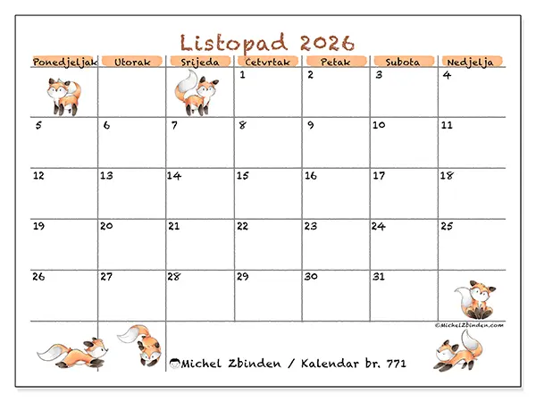 Kalendar listopad 2026 za ispis - Crteži lisica