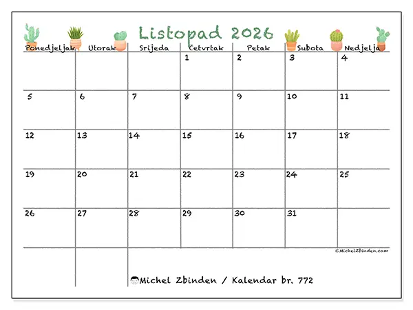 Kalendar listopad 2026 za ispis - Dekorativni kaktusi