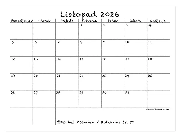 Kalendar listopad 2026 za ispis - Škola i obitelj