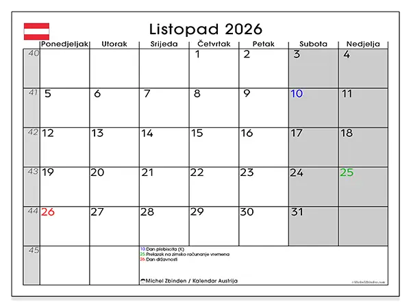 Kalendar listopad 2026 za ispis - Austrija