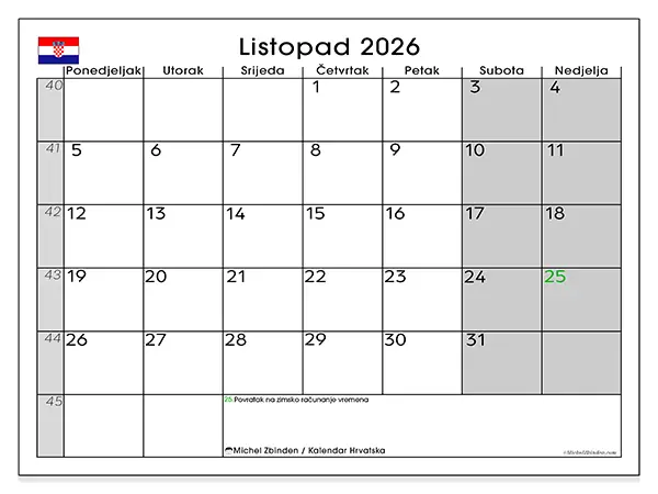 Kalendar listopad 2026 za ispis - Hrvatska