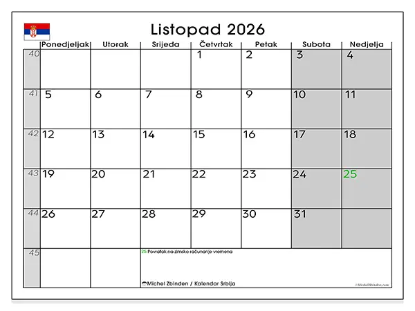 Kalendar listopad 2026 za ispis - Srbija