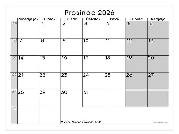 Kalendar prosinac 2026 za ispis - Jasan pregled