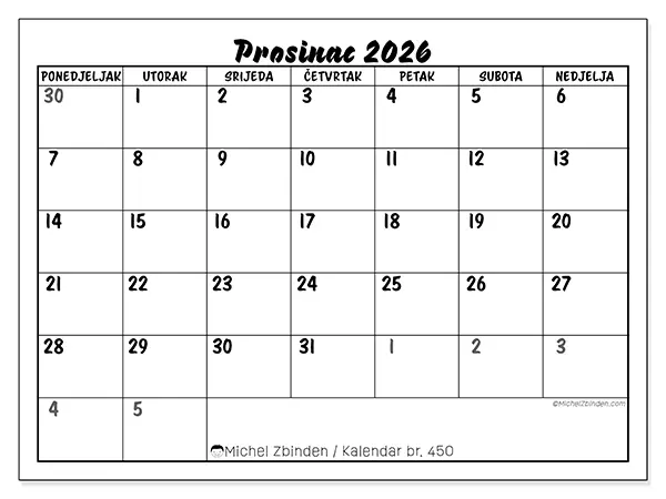 Kalendar prosinac 2026 za ispis - Detaljan model