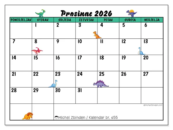 Kalendar prosinac 2026 za ispis - Mali dinosauri
