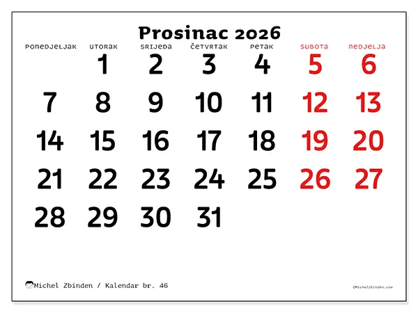 Kalendar prosinac 2026 za ispis - Jasna vizija