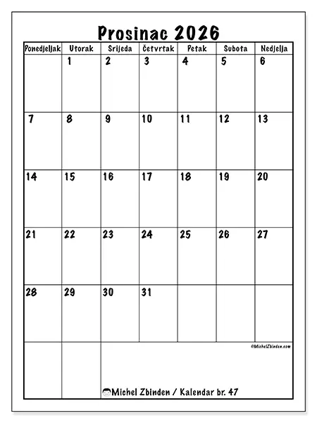 Kalendar prosinac 2026 za ispis - Jasno planiranje
