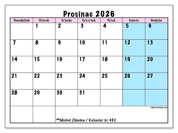 Kalendar prosinac 2026 za ispis - Raspored tima