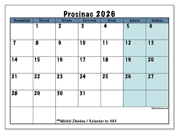 Kalendar prosinac 2026 za ispis - Struktura za školu
