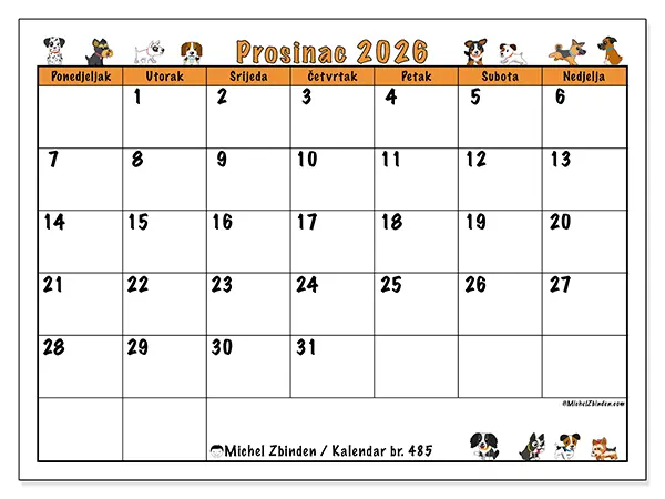 Kalendar prosinac 2026 za ispis - Entuzijastični psi