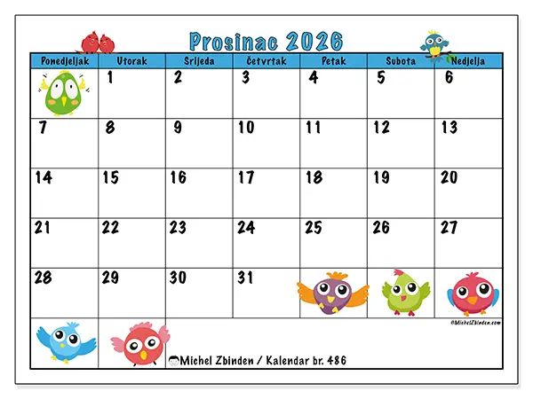 Kalendar prosinac 2026 za ispis - Zabavne ptice