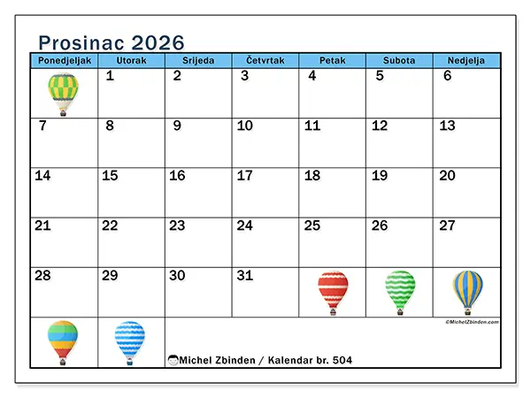 Kalendar prosinac 2026 za ispis - Baloni na vrući zrak