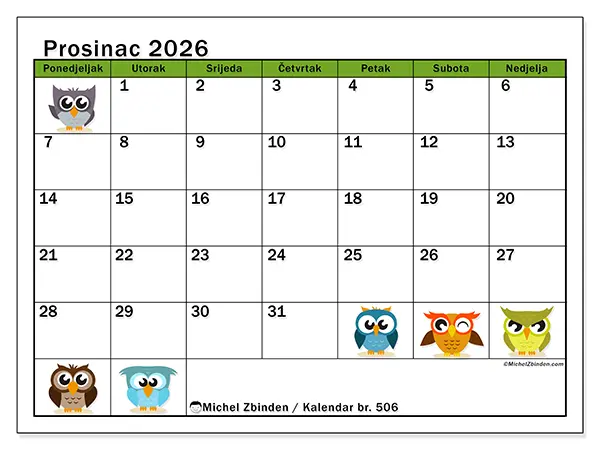 Kalendar prosinac 2026 za ispis - Zabavne sove