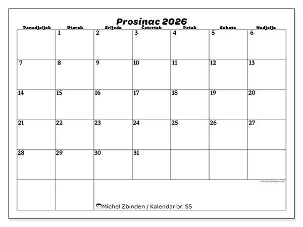 Kalendar prosinac 2026 za ispis - Slobodno vrijeme