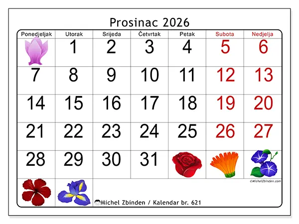 Kalendar prosinac 2026 za ispis - Veliko cvijeće
