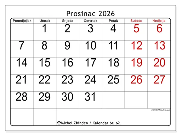 Kalendar prosinac 2026 za ispis - Brzi pregled