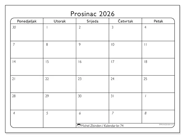 Kalendar prosinac 2026 za ispis - Radni dani
