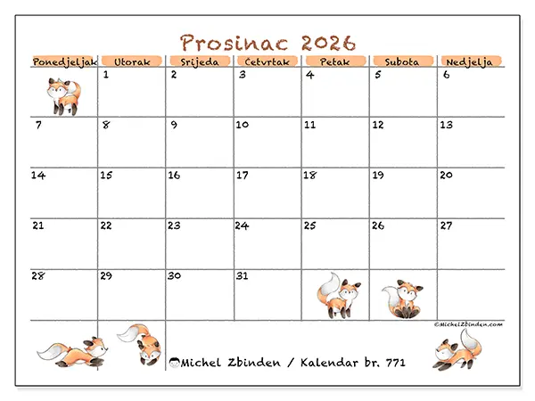 Kalendar prosinac 2026 za ispis - Crteži lisica