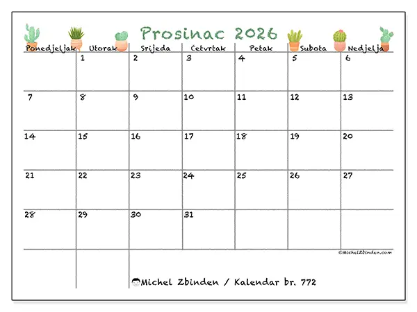 Kalendar prosinac 2026 za ispis - Dekorativni kaktusi