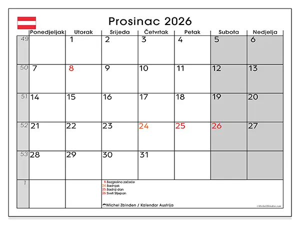 Kalendar prosinac 2026 za ispis - Austrija