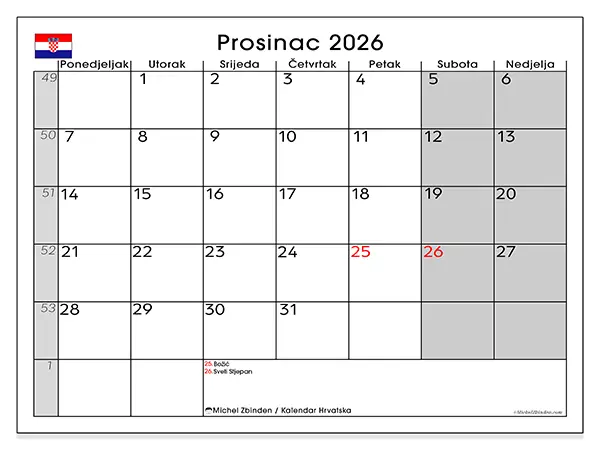 Kalendar prosinac 2026 za ispis - Hrvatska