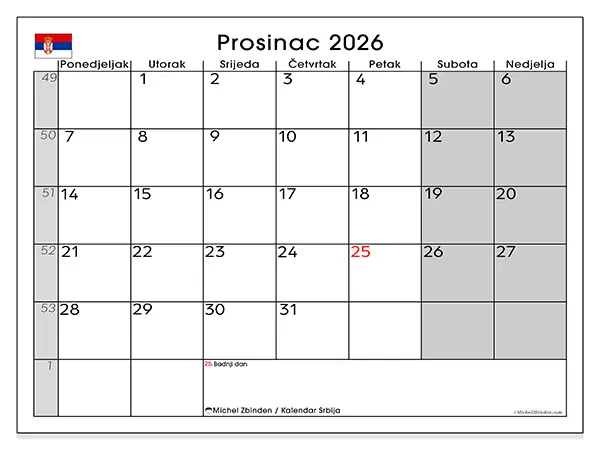Kalendar prosinac 2026 za ispis - Srbija