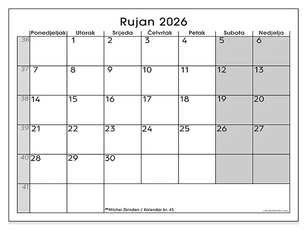 Kalendar rujan 2026 za ispis - Jasan pregled