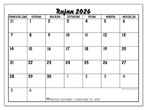 Kalendar rujan 2026 za ispis - Detaljan model
