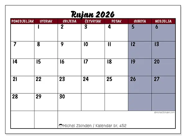 Kalendar rujan 2026 za ispis - Zadaci u boji