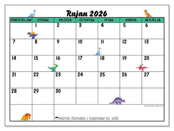 Kalendar rujan 2026 za ispis - Mali dinosauri