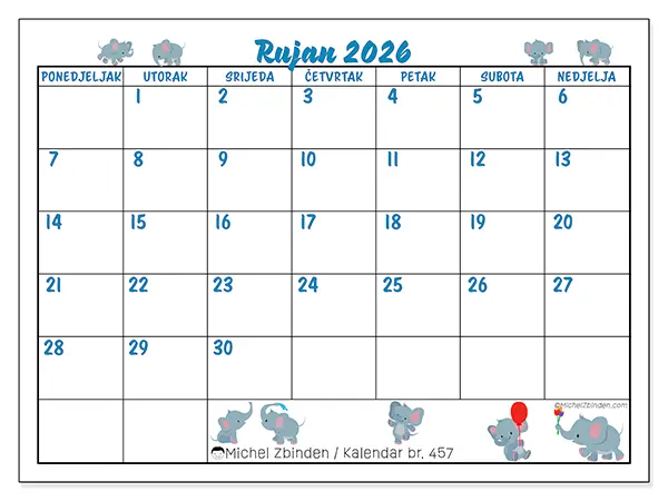 Kalendar rujan 2026 za ispis - Mali slonovi