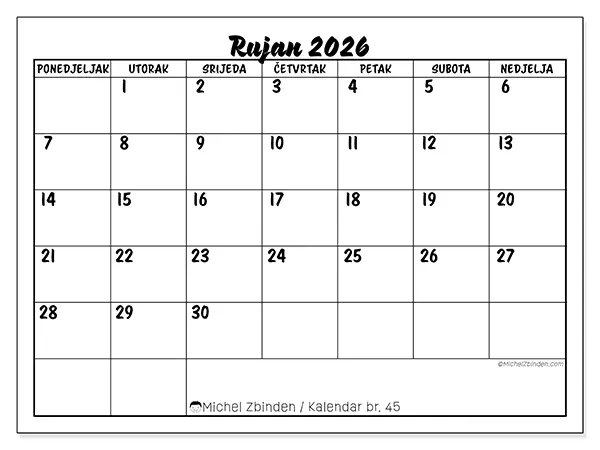 Kalendar rujan 2026 za ispis - Školski uspjeh